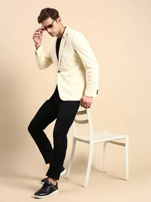 SHOWOFF Men's Single Breasted Cream Solid Slim Fit Blazer 5