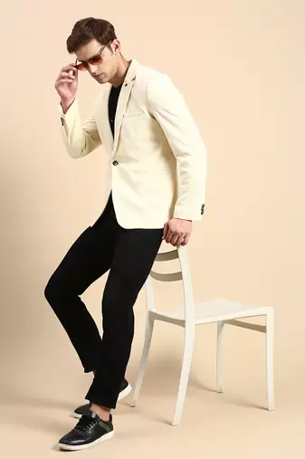 SHOWOFF Men's Single Breasted Cream Solid Slim Fit Blazer