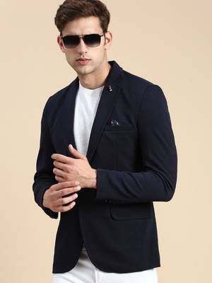 SHOWOFF Men's Single Breasted Navy Blue Solid Slim Fit Blazer 1
