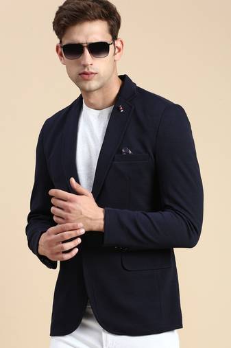 SHOWOFF Men's Single Breasted Navy Blue Solid Slim Fit Blazer