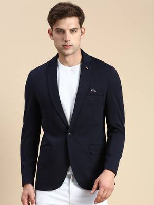 SHOWOFF Men's Single Breasted Navy Blue Solid Slim Fit Blazer 2