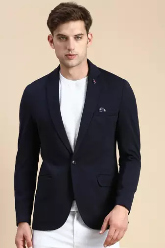 SHOWOFF Men's Single Breasted Navy Blue Solid Slim Fit Blazer