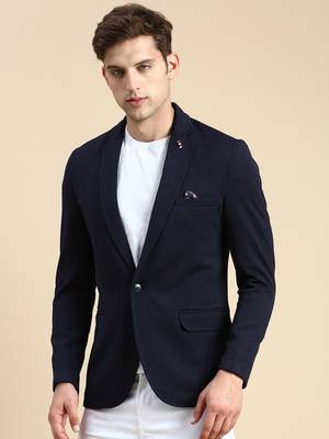 SHOWOFF Men's Single Breasted Navy Blue Solid Slim Fit Blazer 3