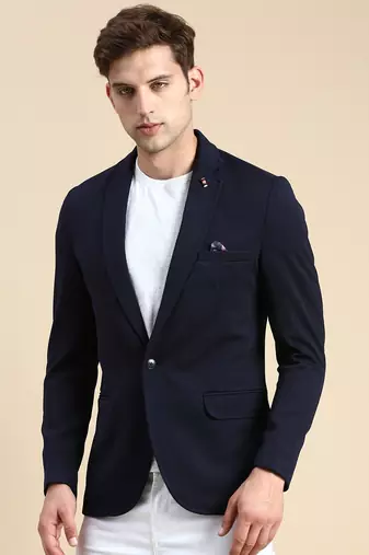SHOWOFF Men's Single Breasted Navy Blue Solid Slim Fit Blazer