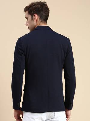 SHOWOFF Men's Single Breasted Navy Blue Solid Slim Fit Blazer 4