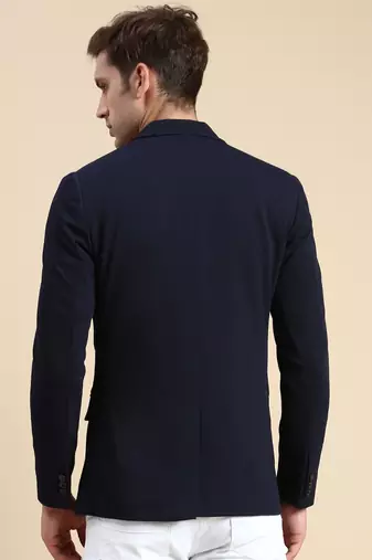 SHOWOFF Men's Single Breasted Navy Blue Solid Slim Fit Blazer