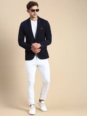 SHOWOFF Men's Single Breasted Navy Blue Solid Slim Fit Blazer 5