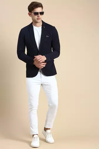 SHOWOFF Men's Single Breasted Navy Blue Solid Slim Fit Blazer