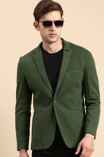 SHOWOFF Men's Single Breasted Green Solid Slim Fit Blazer