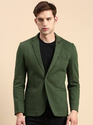 SHOWOFF Men's Single Breasted Green Solid Slim Fit Blazer 2