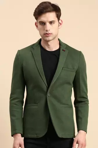 SHOWOFF Men's Single Breasted Green Solid Slim Fit Blazer