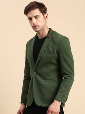 SHOWOFF Men's Single Breasted Green Solid Slim Fit Blazer 3