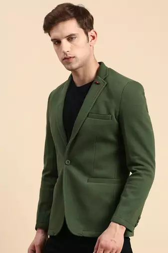 SHOWOFF Men's Single Breasted Green Solid Slim Fit Blazer