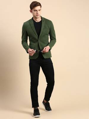 SHOWOFF Men's Single Breasted Green Solid Slim Fit Blazer 5
