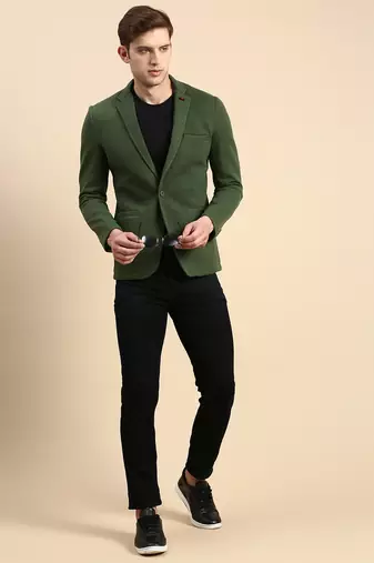 SHOWOFF Men's Single Breasted Green Solid Slim Fit Blazer