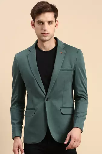 Men's Single Breasted Green Solid Slim Fit Blazer