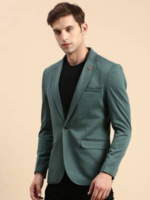 Men's Single Breasted Green Solid Slim Fit Blazer 3