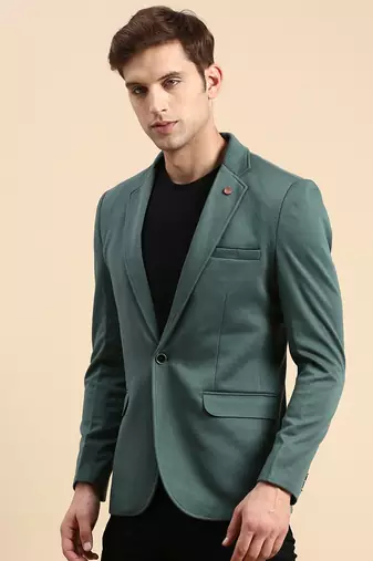 Men's Single Breasted Green Solid Slim Fit Blazer