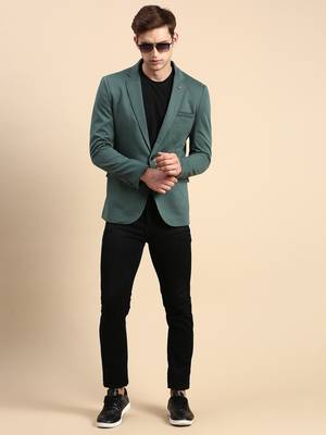 Men's Single Breasted Green Solid Slim Fit Blazer 5