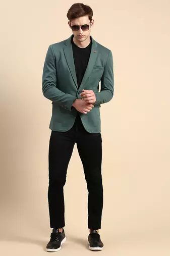Men's Single Breasted Green Solid Slim Fit Blazer