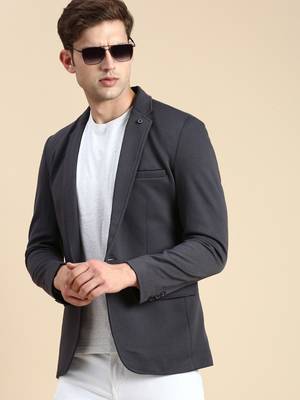 Men's Single Breasted Grey Solid Slim Fit Blazer 1