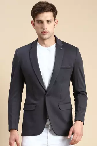 Men's Single Breasted Grey Solid Slim Fit Blazer