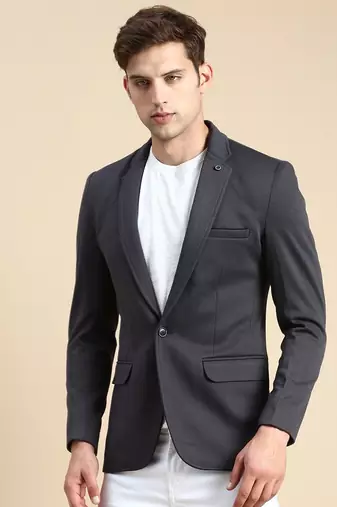 Men's Single Breasted Grey Solid Slim Fit Blazer