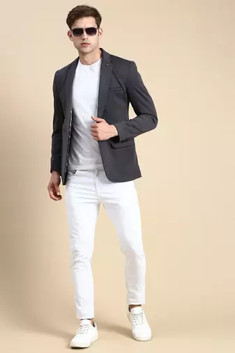 Men's Single Breasted Grey Solid Slim Fit Blazer