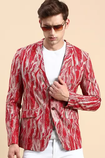 SHOWOFF Men's Single Breasted Maroon Printed Slim Fit Blazer