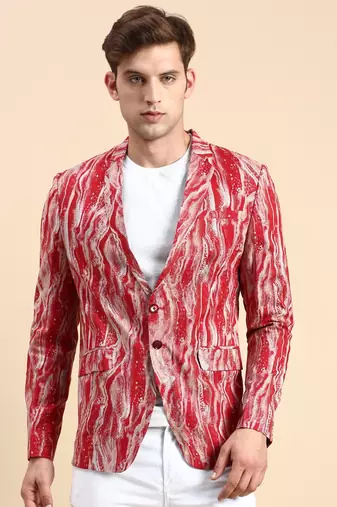 SHOWOFF Men's Single Breasted Maroon Printed Slim Fit Blazer