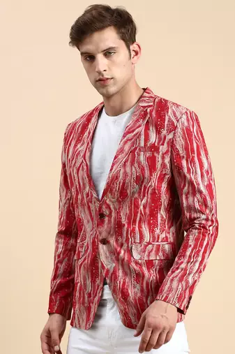 SHOWOFF Men's Single Breasted Maroon Printed Slim Fit Blazer