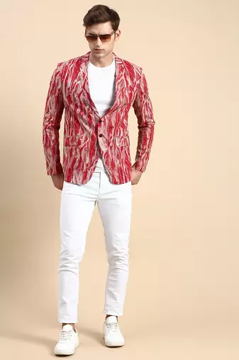 SHOWOFF Men's Single Breasted Maroon Printed Slim Fit Blazer
