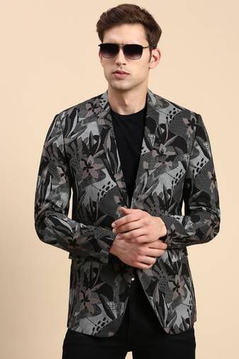 Men's Single Breasted Black Printed Slim Fit Blazer