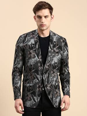 Men's Single Breasted Black Printed Slim Fit Blazer 2