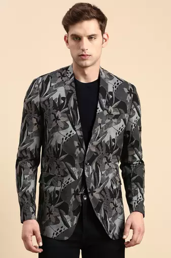 Men's Single Breasted Black Printed Slim Fit Blazer