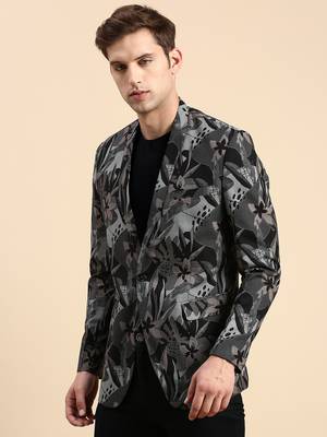 Men's Single Breasted Black Printed Slim Fit Blazer 3