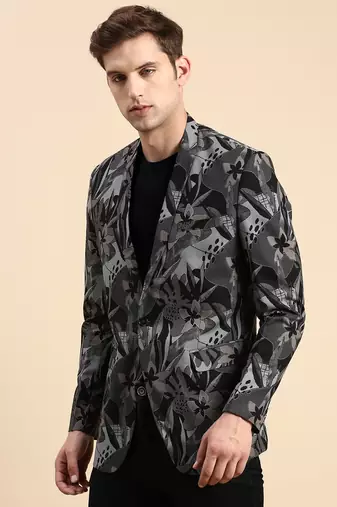 Men's Single Breasted Black Printed Slim Fit Blazer