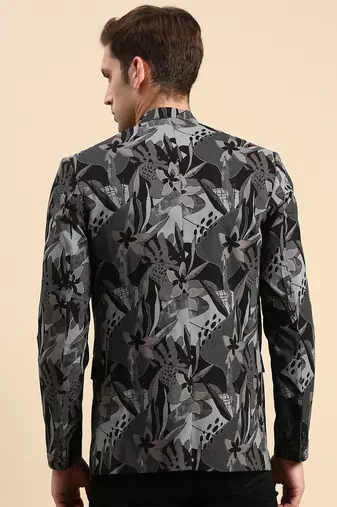 Men's Single Breasted Black Printed Slim Fit Blazer