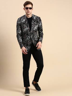 Men's Single Breasted Black Printed Slim Fit Blazer 5