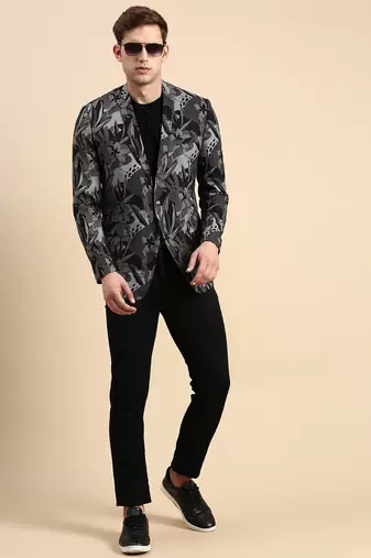 Men's Single Breasted Black Printed Slim Fit Blazer