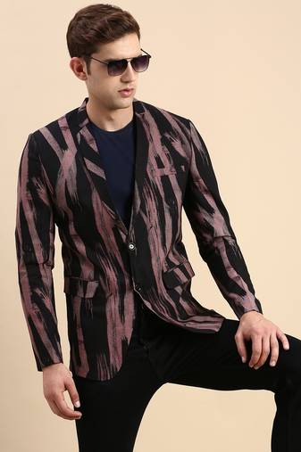 Men's Single Breasted Black Printed Slim Fit Blazer