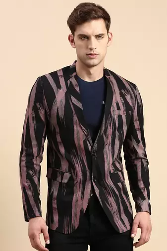 Men's Single Breasted Black Printed Slim Fit Blazer