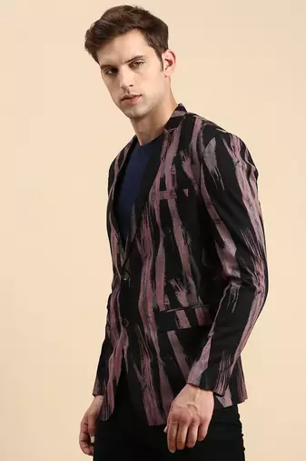 Men's Single Breasted Black Printed Slim Fit Blazer