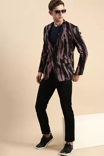 Men's Single Breasted Black Printed Slim Fit Blazer