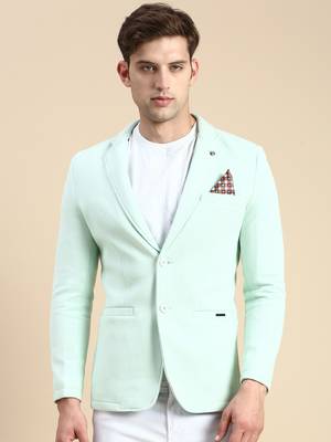 SHOWOFF Men's Single Breasted Sea Green Solid Slim Fit Blazer 2