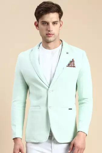 SHOWOFF Men's Single Breasted Sea Green Solid Slim Fit Blazer