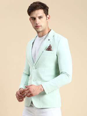 SHOWOFF Men's Single Breasted Sea Green Solid Slim Fit Blazer 3