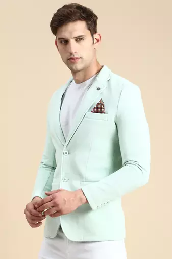 SHOWOFF Men's Single Breasted Sea Green Solid Slim Fit Blazer