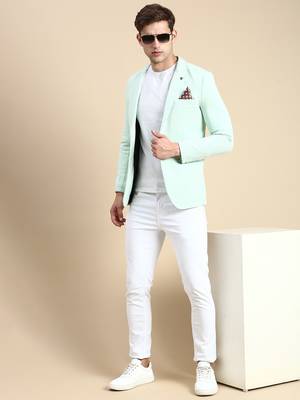 SHOWOFF Men's Single Breasted Sea Green Solid Slim Fit Blazer 5