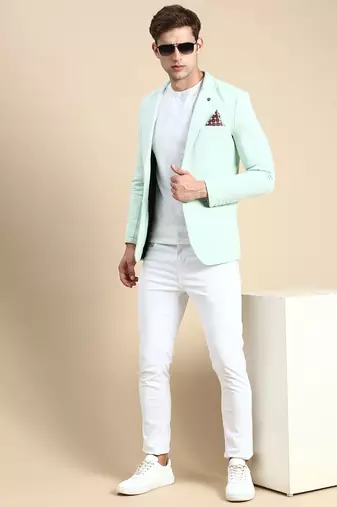 SHOWOFF Men's Single Breasted Sea Green Solid Slim Fit Blazer